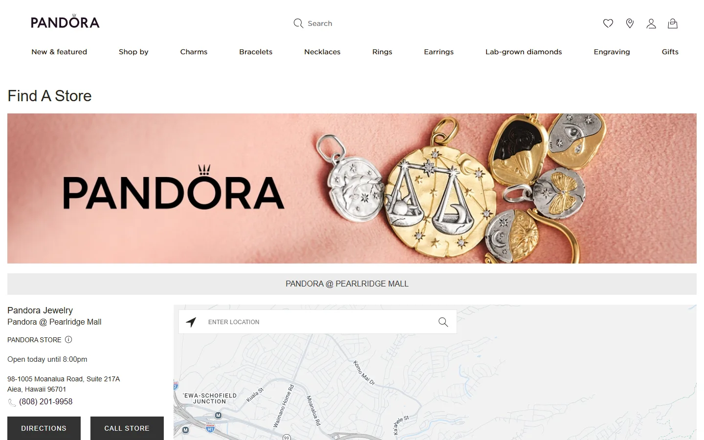 Captured website of Pandora Jewelry
