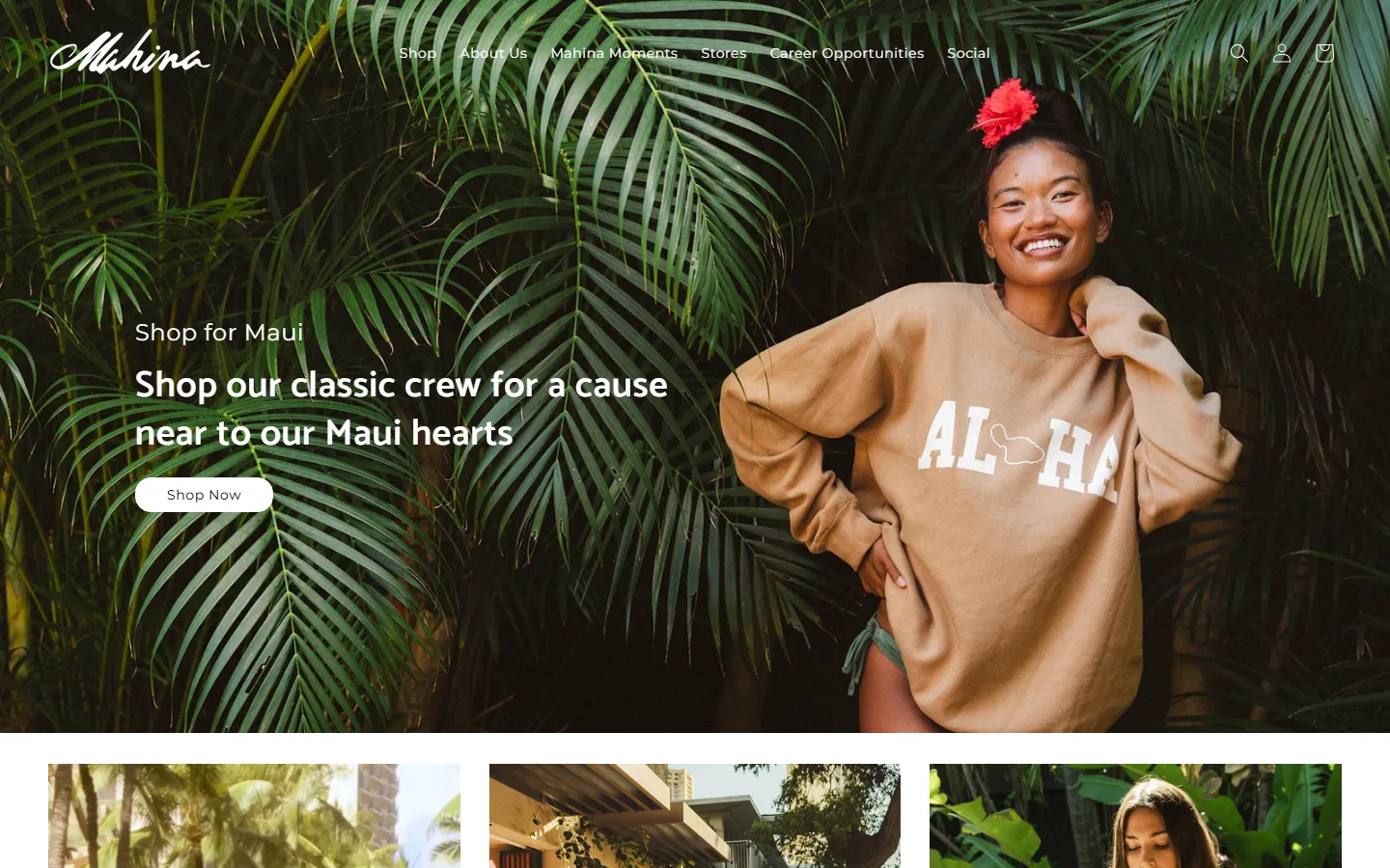 Captured website of Mahina Clothing