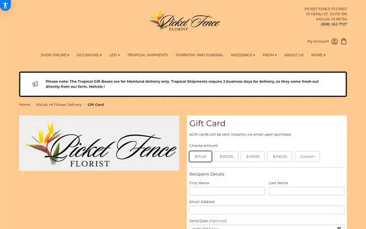 /kailua-picket-fence-florist/gift-card.html — Picket Fence Florist