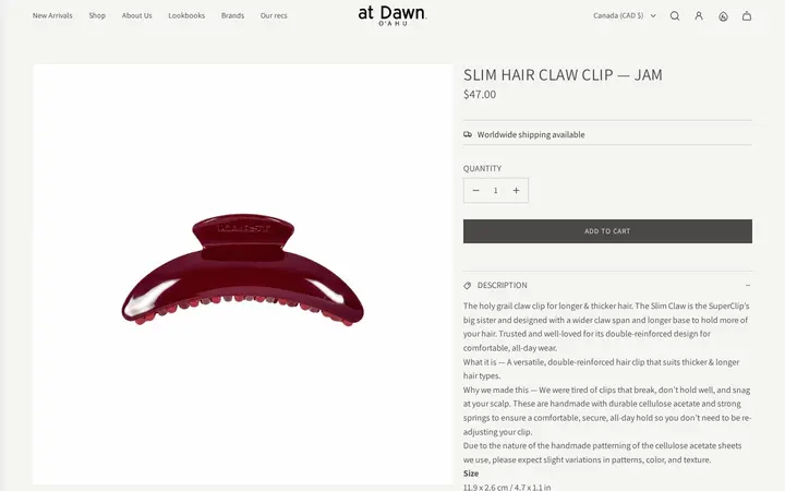 /collections/new-arrivals/products/slim-hair-claw-clip-jam — at Dawn. O'AHU