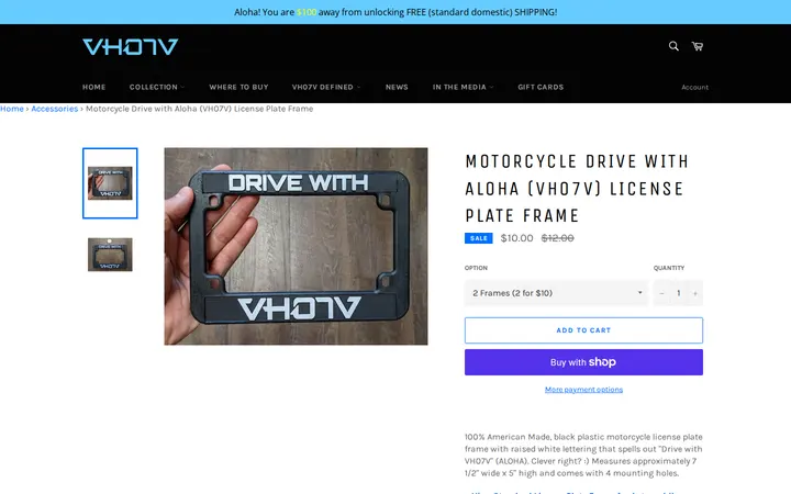 /collections/accessories/products/motorcycle-drive-with-aloha-vh07v-license-plate-frame — VH07V (Aloha Revolution) - Kaimuki