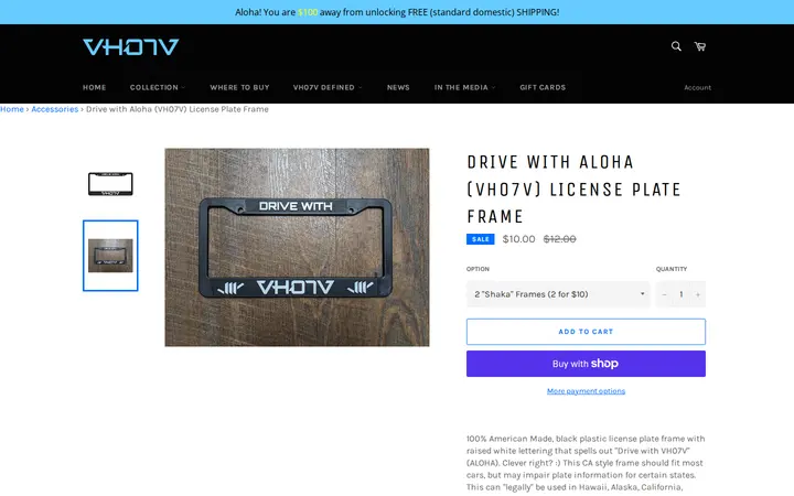 /collections/accessories/products/drive-with-aloha-vh07v-license-plate-frame — VH07V (Aloha Revolution) - Kaimuki