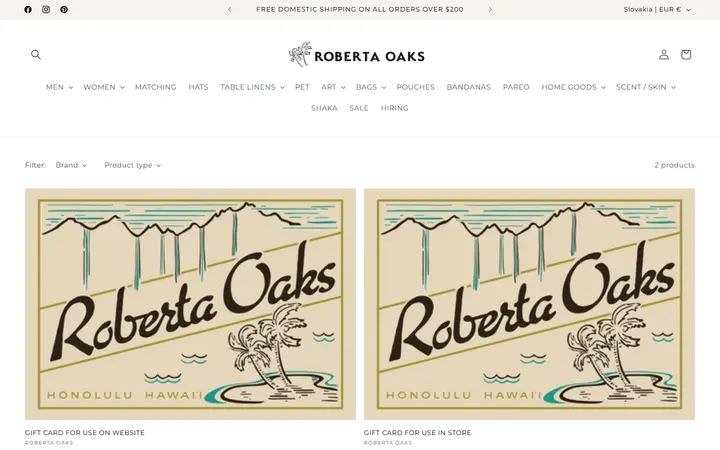 /collections/gift-card — Roberta Oaks Hawaii