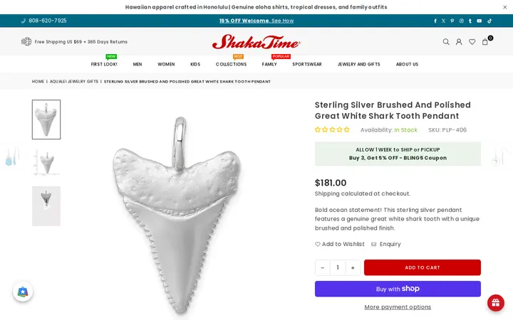 /collections/aqualei-jewelry-gifts/products/silver_pendant_great_white_shark_tooth — Shaka Time Hawaii