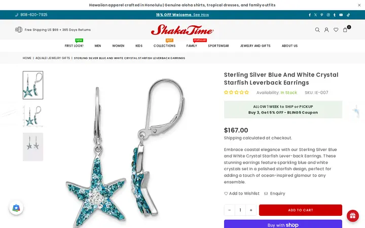 /collections/aqualei-jewelry-gifts/products/silver_chain_leverback_earrings_blue_crystal_starfish — Shaka Time Hawaii