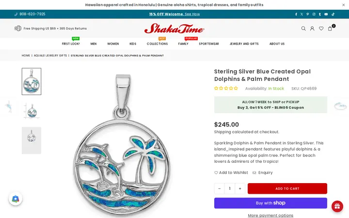 /collections/aqualei-jewelry-gifts/products/silver_dolphins_palm_pendant_blue_opal — Shaka Time Hawaii