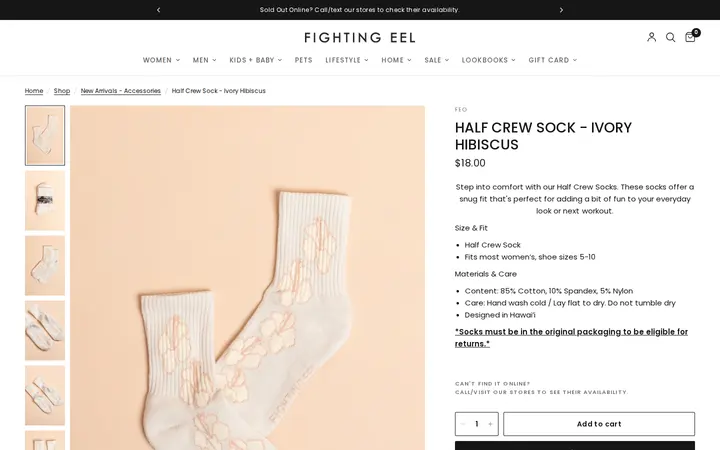 /collections/new-arrivals-accessories/products/half-crew-sock-ivory-hibiscus — Fighting Eel - Downtown