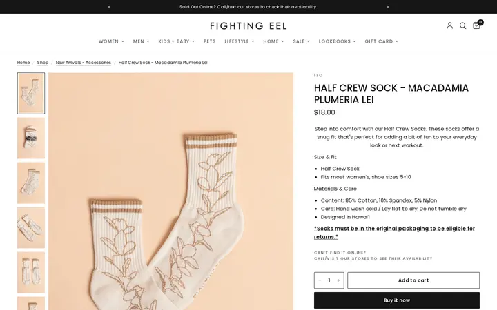 /collections/new-arrivals-accessories/products/half-crew-sock-macadamia-plumeria-lei — Fighting Eel - Downtown