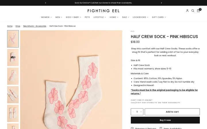 /collections/new-arrivals-accessories/products/half-crew-sock-pink-hibiscus — Fighting Eel - Downtown