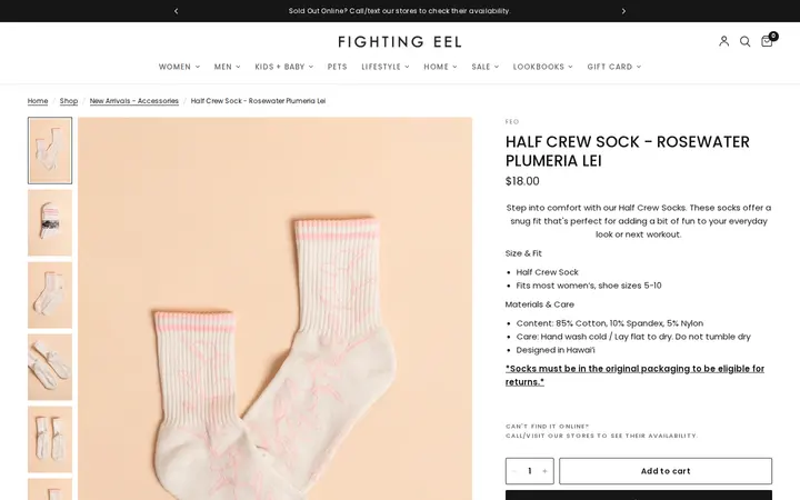 /collections/new-arrivals-accessories/products/half-crew-sock-rosewater-plumeria-lei — Fighting Eel - Downtown