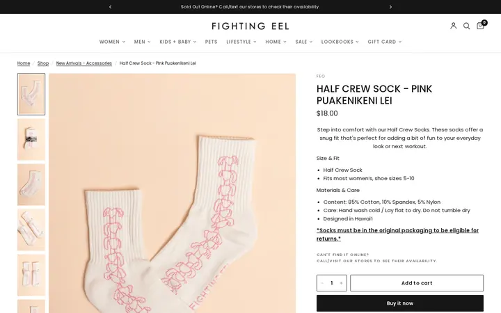 /collections/new-arrivals-accessories/products/half-crew-sock-pink-puakenikeni-lei — Fighting Eel - Downtown