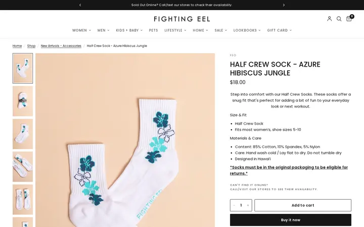 /collections/new-arrivals-accessories/products/half-crew-sock-azure-hibiscus-jungle — Fighting Eel - Downtown