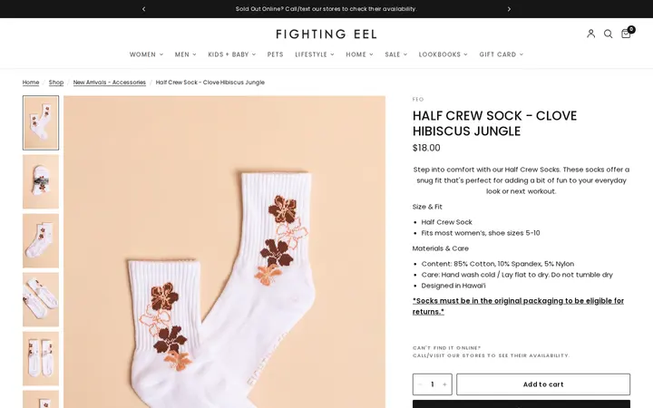 /collections/new-arrivals-accessories/products/half-crew-sock-clove-hibiscus-jungle — Fighting Eel - Downtown