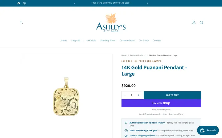 /products/14k-gold-puanani-pendant-large — Ashley's Gift Shop Hawaii