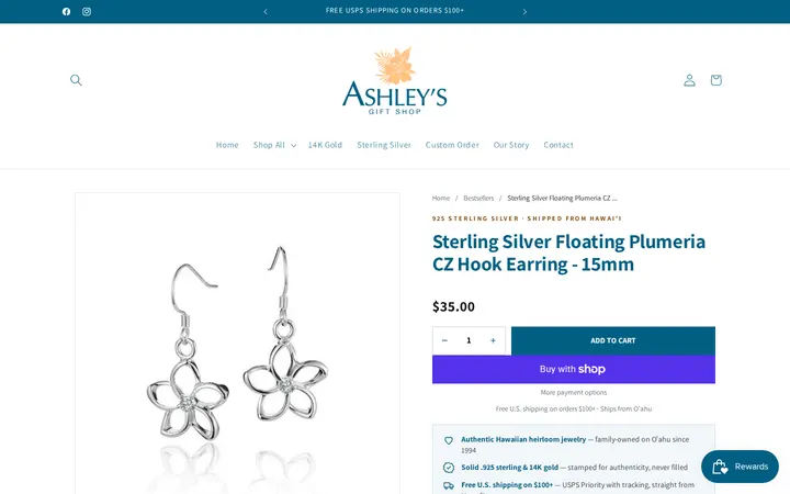 /products/sterling-silver-floating-plumeria-cz-hook-earring-15mm — Ashley's Gift Shop Hawaii