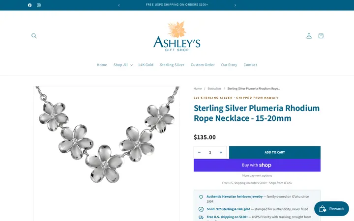 /products/sterling-silver-plumeria-rhodium-rope-necklace-15-20mm — Ashley's Gift Shop Hawaii