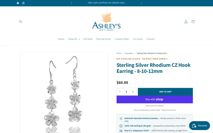 /products/sterling-silver-rhodium-cz-hook-earring-8-10-12mm — Ashley's Gift Shop Hawaii
