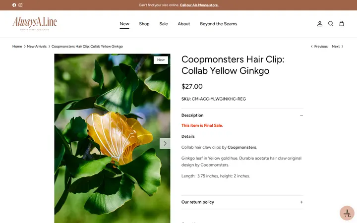 /collections/new-arrivals/products/coopmonsters-hair-clip-collab-yellow-ginkgo — Always A.Line