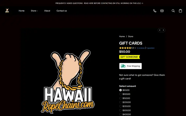 /products/GIFT-CARDS-p404819269 — HAWAII ROPE CHAINS - NO STORE FRONT
