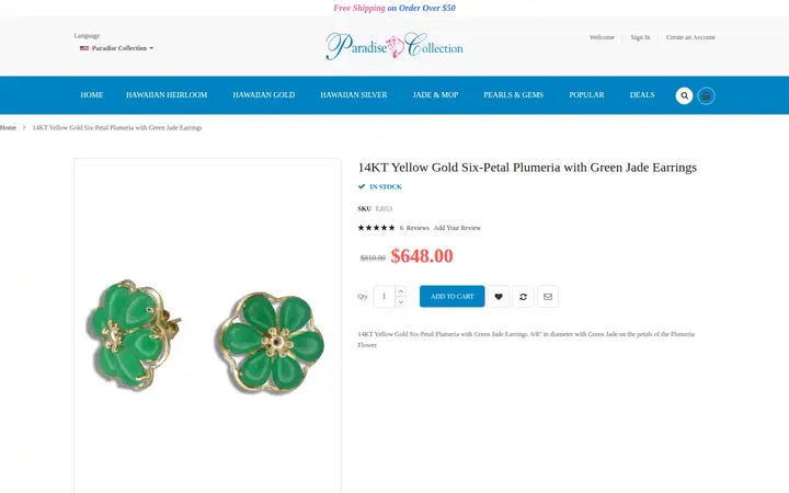 /jade-jewelry/14kt-jade-jewelry/14kt-green-jade-jewelry/14kt-yellow-gold-six-petal-plumeria-with-green-jade-earrings.html — Paradise Collection