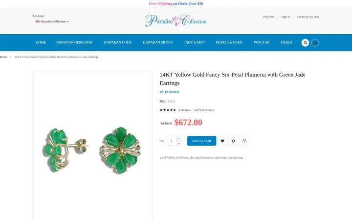 /jade-jewelry/14kt-jade-jewelry/14kt-green-jade-jewelry/14kt-yellow-gold-fancy-six-petal-plumeria-with-green-jade-earrings.html — Paradise Collection