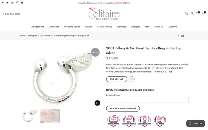 /collections/designer-jewelry/products/2001-tiffany-co-heart-tag-key-ring-in-sterling-silver — Solitaire Jewelers