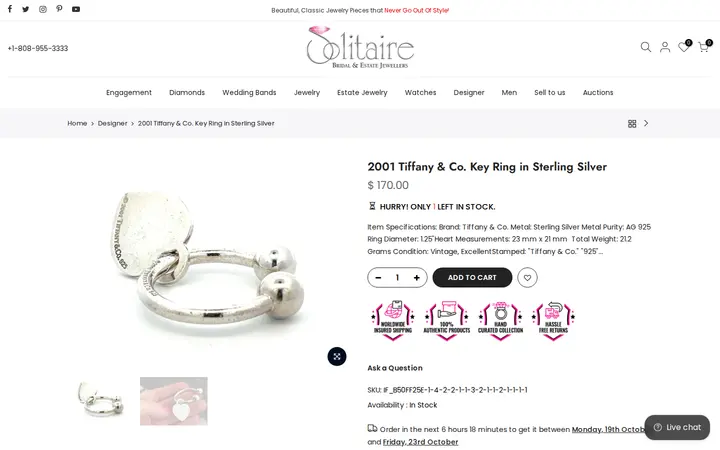 /collections/designer-jewelry/products/2001-tiffany-co-key-ring-in-sterling-silver — Solitaire Jewelers