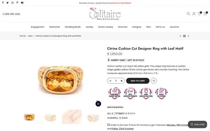 /collections/men-jewelry/products/citrine-cushion-cut-designer-ring-with-leaf-motif-5-50-carats-14k-yellow-gold — Solitaire Jewelers