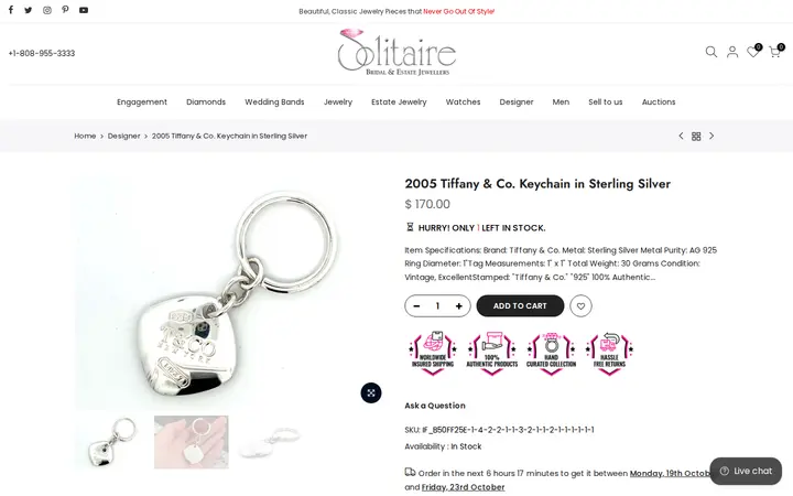 /collections/designer-jewelry/products/2005-tiffany-co-keychain-in-sterling-silver — Solitaire Jewelers