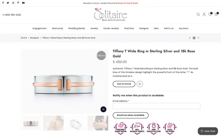 /collections/designer-jewelry/products/tiffany-t-wide-ring-in-sterling-silver-and-18k-rose-gold — Solitaire Jewelers