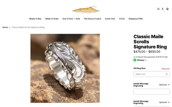 /product/classic-maile-scrolls-signature-ring/N3ZR75CR6XGYEDICFSHFGDMJ — LeiLei Hawaiian Jewelry