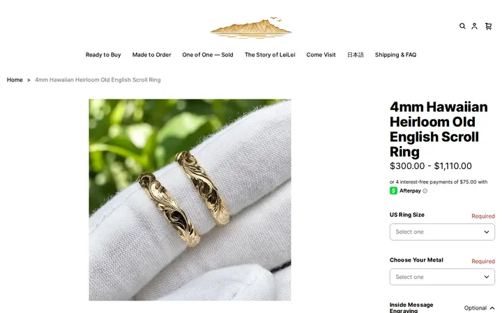 /product/4mm-hawaiian-heirloom-old-english-scroll-ring/7XGXMVEL4TXX2FMANWPJF7G3 — LeiLei Hawaiian Jewelry