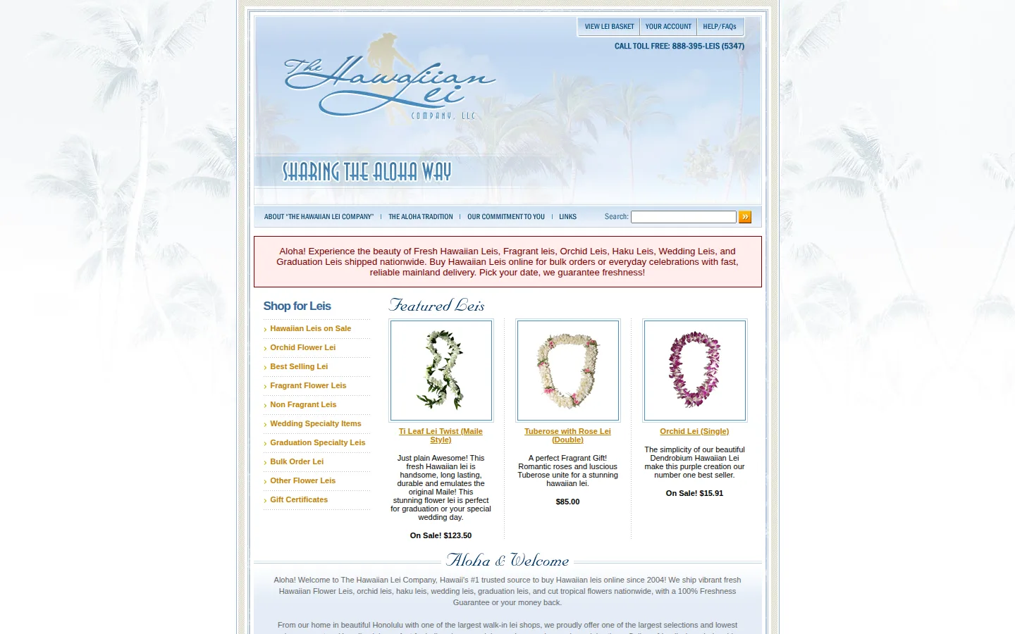 Captured website of The Hawaiian Lei Company LLC
