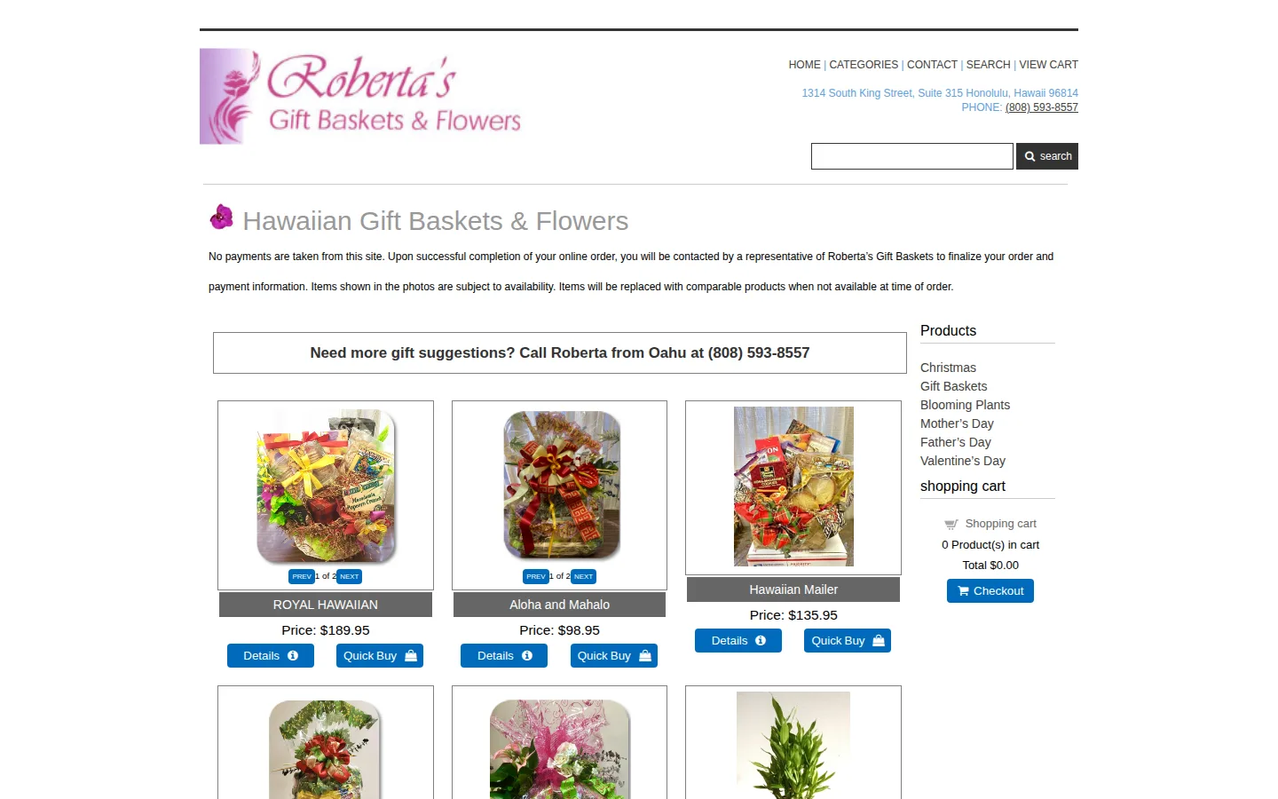 Captured website of Roberta's Gift Baskets-Flowers