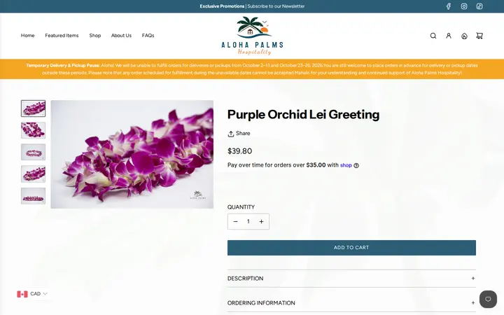 /collections/the-shop-collection/products/hand-delivered-fresh-leis-purple-flowers — Aloha Palms Hospitality