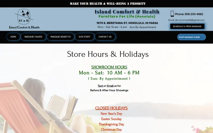 /hours-holidays — Island Comfort and Health -Furniture For Life Massage Chairs