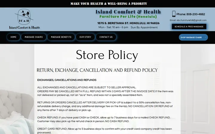 /store-policy — Island Comfort and Health -Furniture For Life Massage Chairs