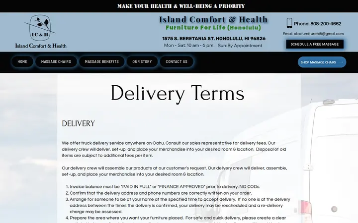 /delivery-terms — Island Comfort and Health -Furniture For Life Massage Chairs
