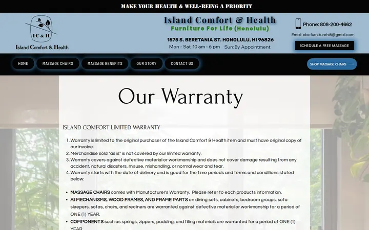 /warranty — Island Comfort and Health -Furniture For Life Massage Chairs