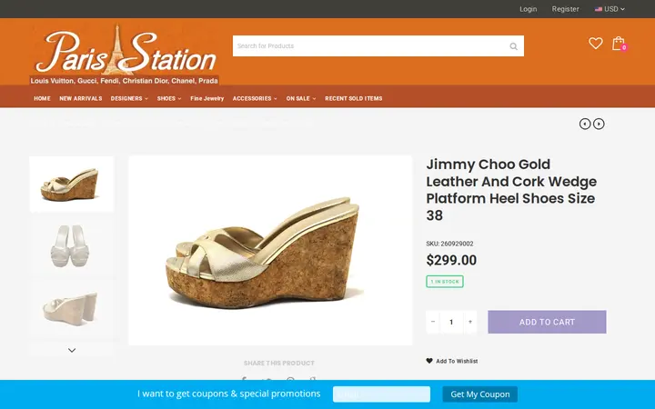 /collections/new-arrivals/products/jimmy-choo-gold-cork-wedge-platform-heel-shoes-size-37-5-copy-1 — Paris Station