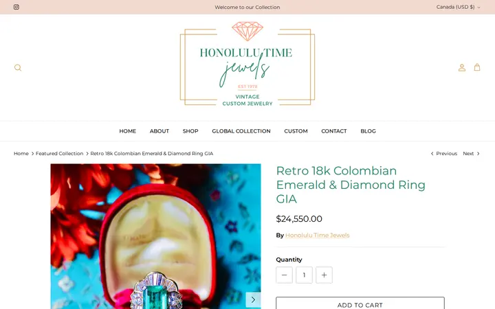 /collections/featured-collection/products/copy-of-retro-18k-colombian-emerald-diamond-ring — Honolulu Time Jewels