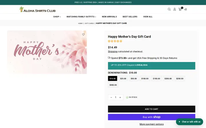 /collections/gift-cards/products/happy-mothers-day-gift-card — Aloha Shirts Club